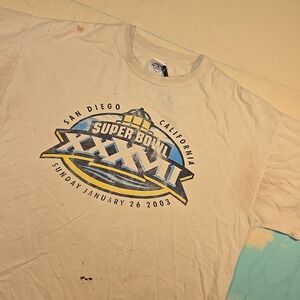 VTG 2003 Delta XL‎ Super Bowl XXXVII T-Shirt Distressed White Event Football NFL